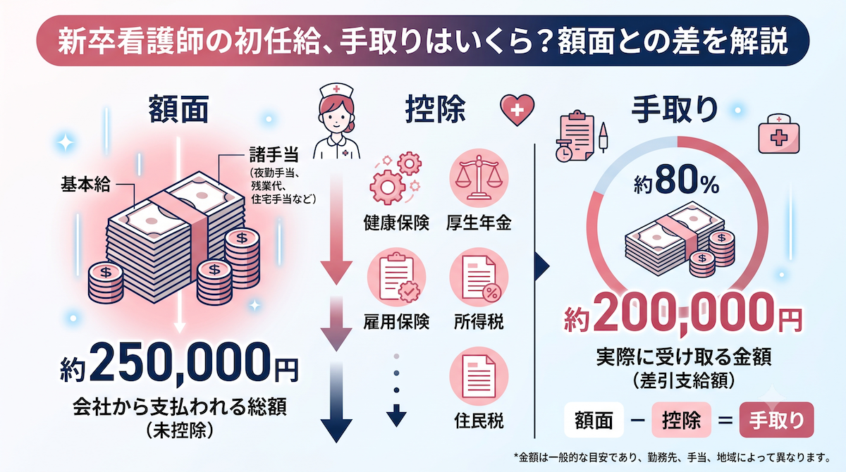 新卒看護師の初任給、手取りはいくら?額面との差を解説